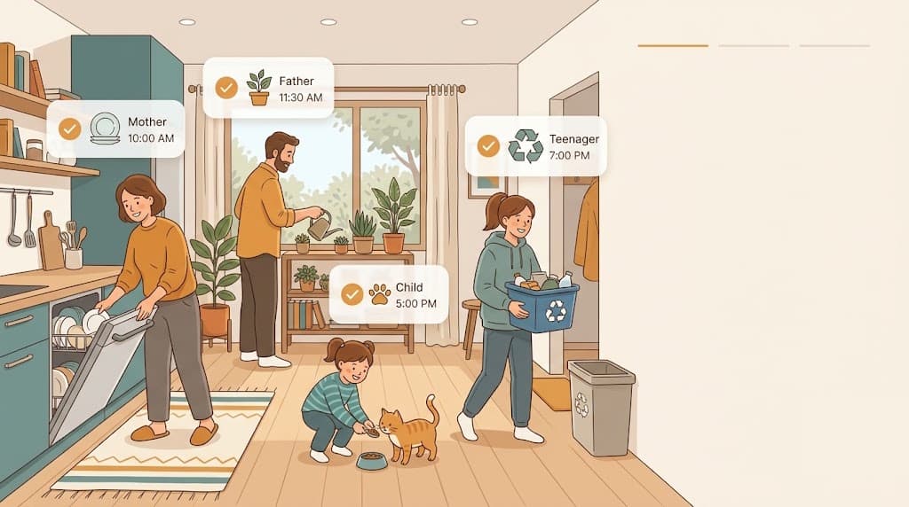 En familie deler de daglige gøremål i hjemmet
